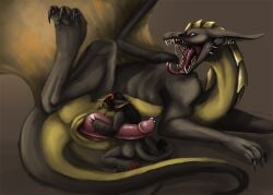 animal_humanoid anthro ass avian avian_humanoid beak big_feet big_penis bodily_fluids claws cum_drop curled_hair dragon drooling duo ear_piercing ear_ring ernesto_(rebeldragon101) fangs feet female feral forked_tongue genitals hair holding_knot humanoid hybrid kneeling knot long_ears long_tail lying machinari male male/female nude on_side open_mouth penis piercing ring_piercing saliva saliva_string size_difference slit snarling soles spread_legs spread_wings spreading stroking_penis tail teeth tongue wings