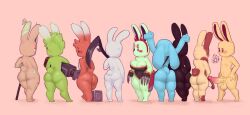 ass ass bandage bandages blush bow bunny bunny_ears claws female group looking_at_viewer looking_back_at_viewer male moba_(artist) penis rabbit rabbit_ears scythe sword tail tail_tuft thick thick_ass thick_thighs