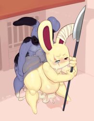 anal ass ass_grab blush bunny bunny_ears cum cum_inside cumflation furry gay leaning_on_object moba_(artist) penis rabbit sex sweatdrop sweating