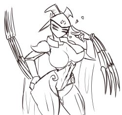 4_eyes big black_and_white breasts garuda_(warframe) hand_gesture hand_on_hip hearts_around_head looking_at_viewer warframe