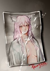 absurdres animal_ears bags_under_eyes blush breasts breasts_apart cat_ears cat_girl character_name closed_mouth coat commentary cum cum_on_picture cum_tribute dated english_commentary female girls'_frontline hair_between_eyes highres lab_coat long_hair long_sleeves looking_at_viewer medium_breasts naked_labcoat open_clothes open_coat persica_(girls'_frontline) photo_(object) pink_hair radish_p red_eyes signature simple_background smile solo upper_body