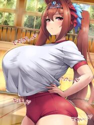 1girls animal_ears big_breasts blush blushing_at_viewer booty_shorts breasts brown_hair busty closed_mouth curvaceous curvy daiwa_scarlet_(umamusume) female female_only giant_breasts gigantic_breasts hair_between_eyes hair_ribbon hand_on_hips horse_ears horse_girl horse_tail huge_breasts hyper_breasts large_breasts light-skinned_female light_skin long_hair looking_at_viewer massive_breasts red_eyes red_pants school seductive seductive_look seductive_pose shirt shorts solo solo_female tiara tight_clothing twintails umamusume umamusume_pretty_derby very_long_hair voluptuous white_shirt