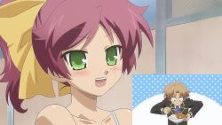 1boy 2girls animated baka_to_test_to_shoukanjuu big_breasts bouncing_breasts bra breast_envy breasts eating_food female green_eyes himeji_mizuki japanese_voice_acting male mp4 pink_hair ponytail_(hair) purple_eyes red_hair screencap shimada_minami sound tagme video voice_acted wide_hips yoshii_akihisa