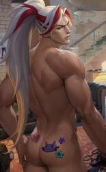 1boy ass big_ass gay gonzojelly heartsteel_series heartsteel_yone league_of_legends muscular muscular_male white_hair yaoi yone