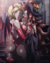 2girls android android_18 android_21 android_21_(human) arm_gloves arm_grab artist_name ass asymmetrical_docking big_ass big_breasts breast_press breasts_out bridal_gauntlets cleavage costume devil_girl devil_horns devil_tail devil_wings dindakai docking dragon_ball dragon_ball_fighterz dragon_ball_super dragon_ball_super_super_hero dragon_ball_z dress earrings female/female glasses gloves halloween halloween_costume holding_hands imminent_kiss jewelry leotard long_hair mature mature_female megane milf multiple_girls open_mouth oppai pantyhose revealing_clothes round_ass short_hair skimpy skimpy_clothes standing teasing teasing_viewer thong_leotard trident url very_long_hair vomi_(dragon_ball) watermark web_address wide_sleeves wings witch witch_costume witch_hat yuri