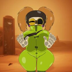 alone_(little_nightmares) alone_(little_nightmares_3) balloon_breasts belly blush breast_squish breasts broken_mirror desert green_jumpsuit harvey01. harvey01._(artist) hips huge_breasts jumpsuit little_nightmares little_nightmares_3 orange_sky pressed_on_glass small_belly solo thick thick_hair thick_hips thick_thighs wide_hips wink