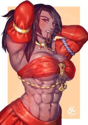 1girls 2021 abs adjusting_hair armpits breasts cleavage commission dark-skinned_female dark_skin dated jewelry looking_at_viewer mentari_(phoebus_art) muscle_girl muscular muscular_female navel original phoebus_art red_eyes signature simple_background underboob watermark