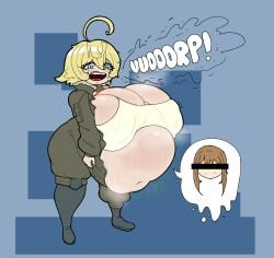 2girls belly belly_bulge big_belly big_belly_bulge big_breasts blonde_female blonde_hair blue_eyes blush breast_bigger_than_head breasts brown_hair brown_hair_female burping female_pred female_prey fourofour huge_breasts light-skinned_female light_skin multiple_girls open_uniform oral_vore post_digestion post_vore soft_vore tanya_degurechaff viktoriya_ivanovna_serebryakov vore vore_belly youjo_senki