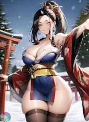 1girls ai_generated alternate_art_style boku_no_hero_academia child_bearing_hips earrings erotic_nansensu hair_ornament japanese_clothes large_breasts momo_yaoyorozu my_hero_academia smile snow snowing thick_thighs thighhighs thighs wink winter