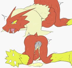 absurd_res anthro anus ass biped blaziken bodily_fluids cum fur generation_3_pokemon genital_fluids hi_res keyshop_miss male nintendo pain pokemon pokemon_(species) purple_eyes red_body simple_background solo tears testicular_rupture white_background yellow_body yellow_fur yellow_sclera