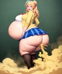 1girls :d ai_generated bloated_belly blonde_hair blue_eyes blush curvy fart fart_fetish female female_only full_body galko gradient_background hair_bun hair_ribbon huge_ass huge_belly huge_breasts looking_at_viewer looking_back nai_diffusion open_mouth oshiete!_galko-chan plaid_skirt plump red_neckerchief simple_background smile solo standing white_shirt yellow_cardigan