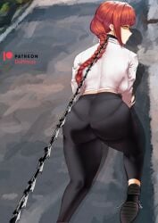 1girls ass ass_focus back black_pants breasts chainsaw_man dress_shirt duffmox female female_focus female_only humanoid large_ass large_breasts looking_at_viewer looking_back makima_(chainsaw_man) orange_eyes red_hair ringed_eyes simple_background thick_thighs white_body white_shirt white_skin yellow_eyes