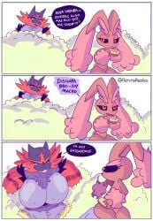 anthro awooga big_breasts bigger_female bushes butch comic eyes_popping_out female female_incineroar femboy flat_chest funny huge_breasts incineroar lopunny male_lopunny muscular_female nintendo pokemon pokemon_(species) renita_reed shiny_pokemon smaller_male spanish_text surprised_expression taller_girl thick_thighs wild_take