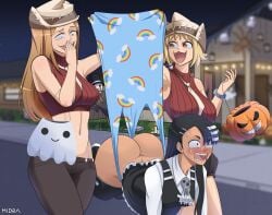 :3 ass black_hair blonde_female blonde_hair blonde_hair_female blue_panties blush bubble_ass bubble_butt bully bullying butt_crack cat_mouth death_the_kid elizabeth_thompson female_only gamo-chan halloween halloween_costume hanging_wedgie hayase_nagatoro humiliation laugh laughing midra midriff october panties panty_pull patricia_thompson please_don't_bully_me,_nagatoro print_panties print_underwear soul_eater tan_body tan_skin wedgie wedgies yoshi_(nagatoro)