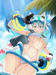 beach_background blue_eyes breasts cyan_hair female hips ico_(mega_man) looking_at_viewer mega_man mega_man_x_dive navel popo_(popo0cat) reploid swimsuit_ico_(x_dive) underwear