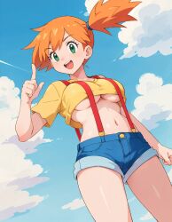 1girls 2020s 2023 :d ai_generated big_breasts blue_shorts breasts denim_shorts female female_focus female_only girl green_eyes index_finger_raised kasumi_(pokemon) looking_at_viewer navel no_bra open_mouth orange_hair outdoors pointing pointing_up pokemon ponytail red_suspenders short_shorts shorts side_ponytail smile solo solo_female solo_focus standing suspender_shorts suspenders teeth tied_hair toned toned_female underboob