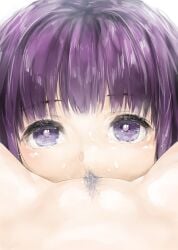 2girls close-up commentary_request cunnilingus female female_only female_pov female_pubic_hair fern_(sousou_no_frieren) frieren ishikei looking_at_viewer multiple_girls oral paid_reward_available pov pubic_hair purple_eyes purple_hair pussy simple_background sousou_no_frieren white_background yuri