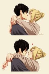 2girls adorable annie_leonhardt artist_signature attack_on_titan black_hair blonde_hair blue_eyes blush bun butch cute eyes_closed eyes_half_open female_only femme heart heart_symbol hugging kissing lesbian lesbian_kiss lesbians married married_couple married_woman mikasa_ackerman shingeki_no_kyojin short_hair short_hair_female signature smile thais_(artista_avoada) very_short_hair wedding_band wedding_ring wholesome yuri