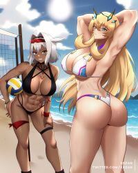 2girls abs alternate_costume animal_ears arm_behind_head arm_up armpits arms_up ass asymmetrical_legwear ball bare_legs bare_shoulders barghest_(gawain)_(fate) barghest_(swimsuit_archer)_(final_ascension)_(fate) beach beach_volleyball belly biceps bikini black_bikini black_footwear black_hairband blonde_hair blue_eyes blue_sky blush body_markings bracelet breasts caenis_(fate) caenis_(swimsuit_rider)_(fate) cleavage closed_mouth cloud cloudy_sky collarbone curvy dark-skinned_female dark_skin day eyelashes eyewear_on_head fate/grand_order fate_(series) from_behind glasses gluteal_fold green_eyes groin hair_between_eyes hair_ornament hairband highres holding holding_ball huge_ass huge_breasts jewelry large_breasts legs long_hair looking_back markings midriff mountainous_horizon narrow_waist navel ocean outdoors panties presenting presenting_armpit print_swimsuit revealing_clothes sand seductive_smile shiny_skin shoes short_hair sideboob skin_tight sky smile standing stomach summer sun sunglasses sunlight sweat swimsuit take_your_pick tattoo thick_thighs thighlet thighs toned twitter_username underwear very_long_hair volleyball volleyball_net water white_bikini white_hair white_swimsuit wide_hips wristband xkzan yellow_eyes