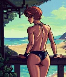 ai_generated beach black_hair black_hair_bottom bubble_butt domination gay hourglass_figure light_hair_on_dark_hair necklace pixel_art porch red_hair red_hair_on_black_hair red_hair_top solo_male sunset twink