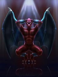 anthro artist_request bracelet capcom demon's_crest digital_media_(artwork) firebrand gargoyle's_quest glowing glowing_eyes hi_res humanoid jewelry long_ears male male_only membrane_(anatomy) membranous_wings nikolaosflamel nude red_arremer red_body reflection reflective_floor slit solo wings