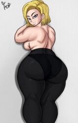 1girls android_18 aspirantpill ass big_ass big_breasts big_butt blonde_hair blue_eyes dragon_ball dragon_ball_z eyebrows fat_ass female female_only large_ass looking_at_viewer solo solo_female thick_thighs thighs tights topless topless_female wide_hips