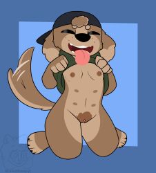 2023 absurd_res anthro backwards_baseball_cap backwards_hat baseball_cap belly_nipples black_nose blue_background bottomless breasts brown_body brown_fur brown_nipples canid canine canis circle_eyebrows closed_eyes clothed clothing clothing_lift digital_drawing_(artwork) digital_media_(artwork) domestic_dog eyebrows female flashing flashing_breasts flat_colors floppy_ears freckles full-length_portrait fur genitals green_clothing green_shirt green_topwear hat head_tuft headgear headwear hi_res hindpaw kneeling lop_ears mammal navel nipples open_mouth open_smile paws pink_pussy pink_tongue portrait pubes pussy sam_(sleepysheep17) sam_(sleepysheepy17) sam_(sleepysheepy17) shirt shirt_lift simple_background sleepysheepy17 smile solo tail tail_motion tailwag teeth tongue tongue_out topwear tuft