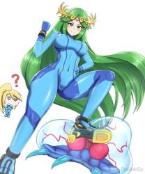 2girls alternate_costume blonde_hair breasts canadiananiguy crossover female female_only green_hair kid_icarus metroid nintendo palutena samus_aran samus_aran_(cosplay) tagme zero_suit zero_suit_samus_(cosplay)