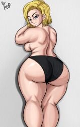 1girls android_18 aspirantpill ass ass big_ass big_breasts big_butt black_panties blonde_hair blue_eyes dragon_ball dragon_ball_z eyebrows female female_only looking_at_viewer panties panties_only solo solo_female solo_focus thick_thighs thighs topless topless_female wide_hips