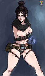 apex_legends barely_clothed belts big_breasts black_hair breasts female hips holding_breasts kyoffie naked nude panties sketch topless white_eyes wraith_(apex_legends)