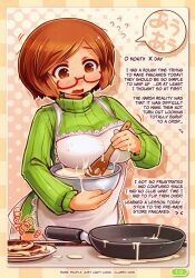 apron artist_request batter batter_on_breasts cooking glasses large_breasts nikki_(swapnote) short_hair sweater sweater_dress