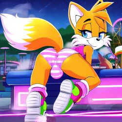 1boy ai_generated amusement_park anthro artist_request ass ass_focus blonde_hair blue_eyes canine canis cheek_tuft crop_top dipstick_tail femboy feminine_tails fluffy fluffy_tail fox girly mammal neon_lights night novelai presenting_hindquarters short_hair smile smiling smiling_at_viewer sneakers sonic_(series) sonic_the_hedgehog_(series) striped_panties tails yellow_fur