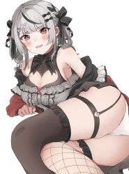 alternate_costume alternate_hairstyle arm_support artist_request ass_focus blush cleavage_cutout fishnets hololive hololive_japan holox huge_breasts large_ass lying_on_side panties sakamata_chloe sakamata_chloe_(jirai_kei) shy thick_thighs thighhighs virtual_youtuber wavy_mouth wide_hips