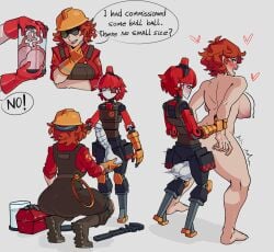 1girls 2boys ambiguous_penetration ass blush body_modification breasts dell_spencer engineer_(team_fortress_2) female femengineer heart kulodrones medic_(team_fortress_2) red_hair robot_boy standing_sex team_fortress_2 twitching