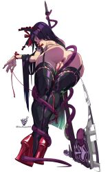 anus ass ass_focus bent_over blunt_ends chocolate_starfish commentary female gate_-_jieitai_ka_no_chi_nite_kaku_tatakaeri gothic_lolita high_heels highres long_hair looking_at_viewer looking_back mixed-language_commentary png pussy rory_mercury shio_ramen snake solo thighhighs transparent_background transparent_png twitter_username watermark weapon