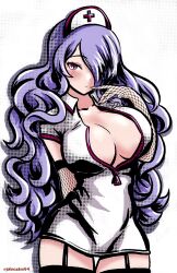 1girls 2023 alternate_costume artist_name blush camilla_(fire_emblem) cleavage cleavage_cutout female female_only fire_emblem fire_emblem_fates fishnet_armwear hair_over_one_eye highres huge_breasts johncaden light-skinned_female light_skin long_hair looking_at_viewer nintendo nurse nurse_cap nurse_uniform plain_background purple_eyes purple_hair smile solo watermark white_background