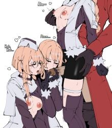 1boy 2b14_(girls'_frontline) 3girls ass_grab bike_shorts black_gloves blonde_hair breasts clothed_sex clothes_pull coat commander_(girls'_frontline) dumb_witch english_text fellatio female garrison_cap girls'_frontline glasses gloves hat highres low_twintails multiple_girls nipple_tweak nipples oral pants pants_pull partially_undressed penis red_coat round_glasses thigh_sex thigh_strap twintails