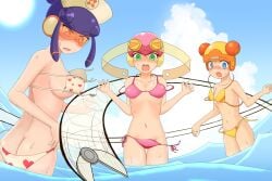 3girls artist_request beach bikini meddy.exe mega_man mega_man_battle_network orange-tinted_eyewear roll.exe tinted_eyewear visor