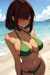 ai_generated artist_request beach beach_background bikini biting_lip blush cloudy_sky dark_maroon_hair deltarune female female_focus female_only green_bikini hair_covering_eyes kris_(deltarune) kris_female_(deltarune) only_female pixai shoulder_length_hair solo