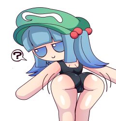 ass blue_eyes blue_hair c: doll from_behind fumo_plush funny hat kappa leaning_forward looking_at_viewer looking_back nitori_kawashiro plushie short_twintails smile smiling swimsuit touhou twintails