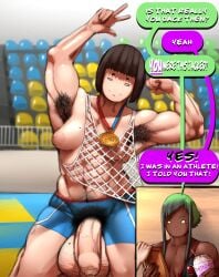 1futa 1girls 2023 akkaa26 alternate_version_at_source areolae armpit_hair balls big_balls big_penis breasts clothed clothing dark-skinned_female dark_skin dialogue excessive_pubic_hair female flaccid futa_focus futanari hairy heterochromia human light-skinned_futanari light_skin medium_breasts mostly_nude muscles muscular muscular_futanari nipples original_character penis pubic_hair purple_hair simple_face small_eyes squatting tae_min_(akkaa26) text uncut unretracted_foreskin