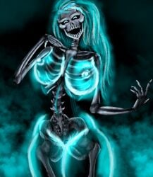 animated_skeleton areola barely_visible_genitalia barely_visible_pussy big_breasts blue_areola blue_eyes blue_hair blue_nipples bone breasts female genitals glowing_genitalia hair hi_res huge_breasts humanoid long_hair looking_at_viewer nipples pussy skeleton solo thick_thighs translucent translucent_body undead walrusthundertusk wide_hips