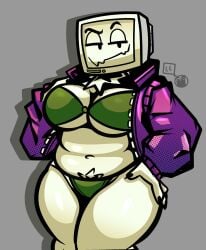 chubby chubby_belly chubby_female female fur_tuft furry gamersupps green_bikini limeslemonades purple_jacket pyrocynical pyrocynical_tvhead_oc rule_63 skimpy_bikini tv tv_face tv_head tv_screen youtube