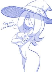 1girls bigdeadalive breasts completely_nude crossed_arms english_text hair_over_one_eye hat little_witch_academia monochrome nipples nude solo sucy_manbavaran tagme witch