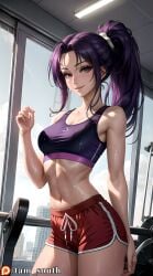 1girls 2020s 2023 3d_(artwork) ai_generated blue_eyes dolphin_shorts drawstring_bottomwear front_view gym gym_clothes gym_uniform indoors large_breasts light-skinned_female light_skin long_hair long_hair_female looking_at_viewer nude_female original original_character ponytail purple_hair seductive seductive_look shorts side_slit smile solo solo_female sports_bra standing sweat sweaty tam_south thick_ass thick_thighs two_tone_bottomwear two_tone_bottomwear_(redandwhite) western_art wet_pussy