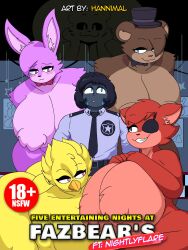 4girls ass_bigger_than_head big_ass big_breasts bonnie_(fnaf) breasts_bigger_than_head chica_(fnaf) classic_chica_(fnaf) comic covered_nipples female five_nights_at_freddy's foxy_(fnaf) freddy_(fnaf) furry furry_female gangbang hannimal huge_ass huge_breasts nude robot robot_girl security_guard