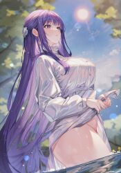 absurdres blue_sky blunt_bangs breasts cloud day dress dress_lift female fern_(sousou_no_frieren) highres large_breasts lifted_by_self long_hair no_panties outdoors parted_lips partially_submerged purple_eyes purple_hair shanguier sky solo sousou_no_frieren sun thighs water wet wet_clothes wet_dress wet_hair white_dress