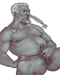 balls boner elvensfw erection facial_hair male male_only masturbation monochrome muscles muscular nude one_piece penis sitting solo solo_male spread_legs zeff