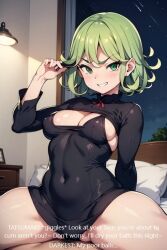 1boy 1girls ai_generated artist_request big_ass clothed clothed_sex cowgirl_position darkest english_text female giant_penis green_hair male one-punch_man tatsumaki thick_thighs vaginal_penetration yodayo