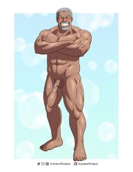 balls bara beard blush closed_eyes crossed_arms facial_hair flaccid male male_only maxxfergus monkey_d_garp muscles muscular nude one_piece penis scar scar_on_face smiling solo solo_male